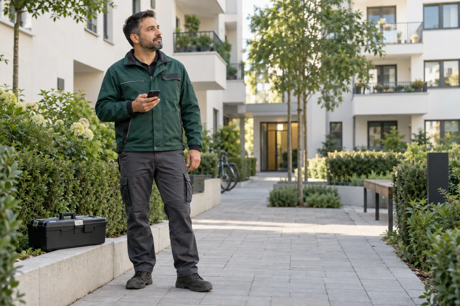 Hausmeister prüft ein Wohngebäude mit seinem Smartphone.